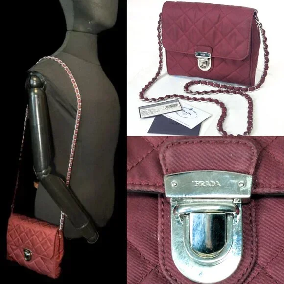 PRADA Impuntu Tessuto Quilted Nylon Chain Crossbody Bag Granato Shoulder Bag - Picture 4 of 16